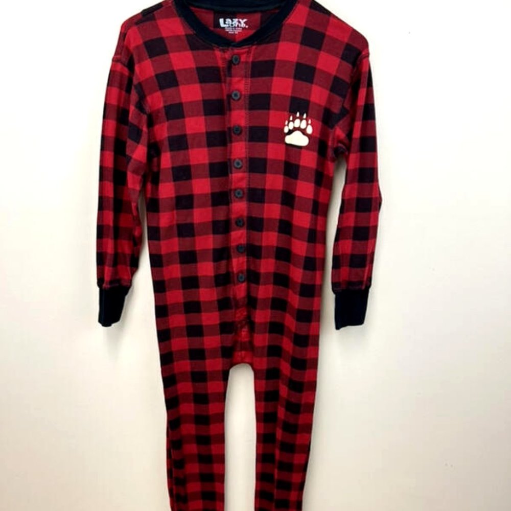 Lazy One XS Red Black Plaid Bear Cheeks Flapjacks Unionsuit Pajamas Back Flap